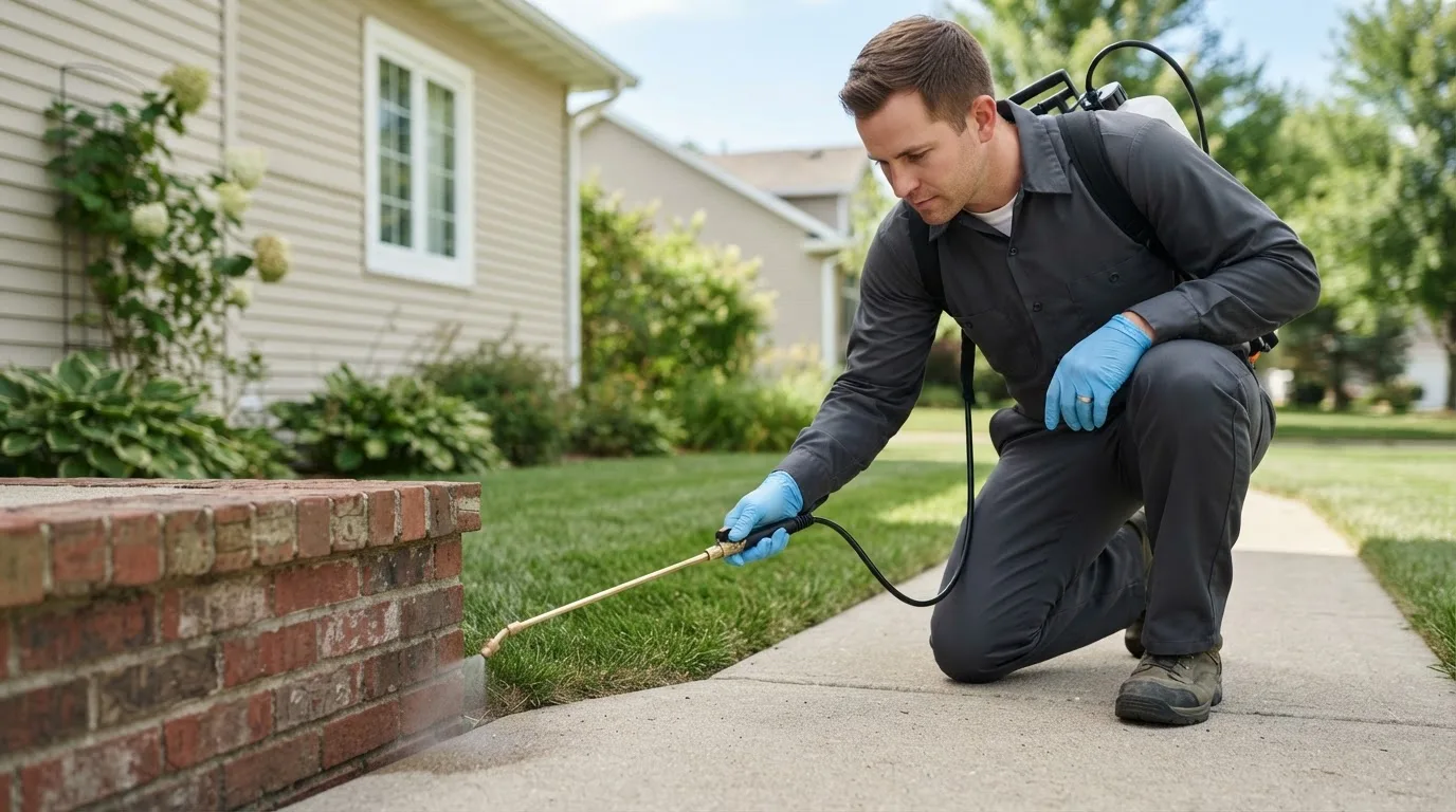 Pest control technician treating a home near Kensington, OH